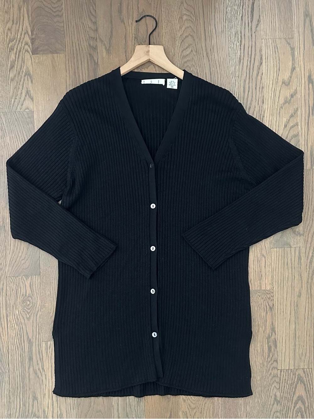 TSE Ribbed V-Neck 100% Silk Long Length Ribbed Cardigan Sweater Black Small
